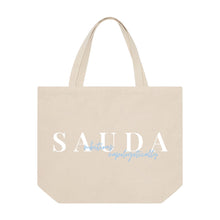Load image into Gallery viewer, Canvas bag with Sauda logo in white and blue letters