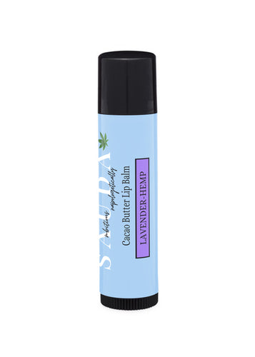 Sauda Lip balm tube showing Lavender-Hemp scent