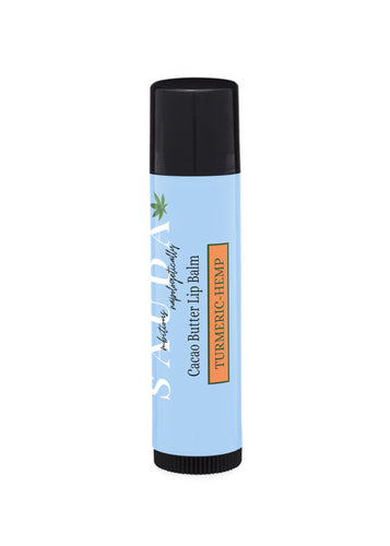 Sauda Lip balm tube showing Turmeric-Hemp scent