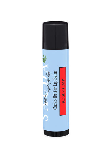 Sauda Lip balm tube showing Rose-Hemp scent