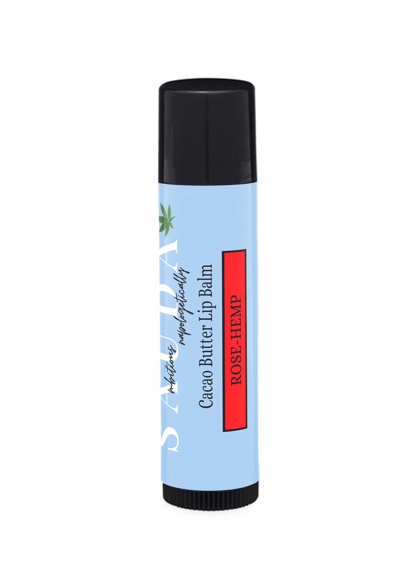 Sauda Lip balm tube showing Rose-Hemp scent