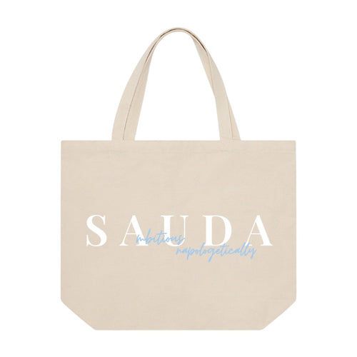 Canvas bag with Sauda logo in white and blue letters