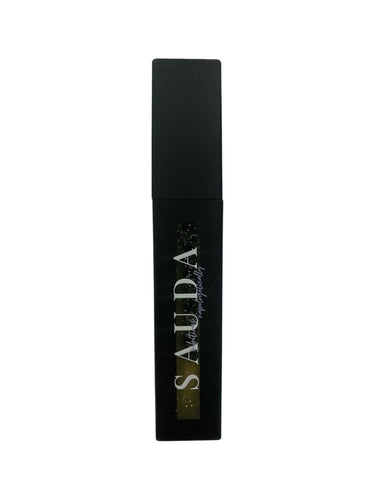 Black lip gloss tube with Sauda logo filled with glittery gloss 