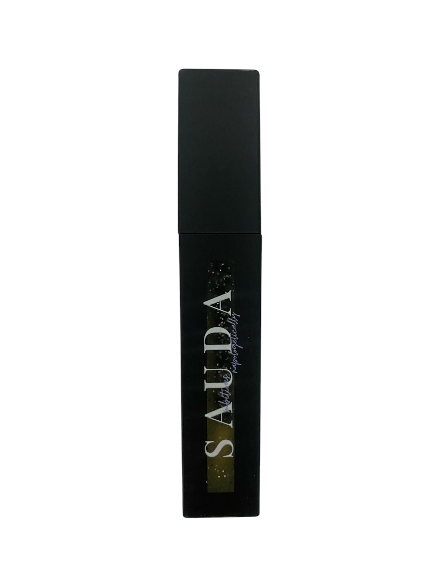 Black lip gloss tube with Sauda logo filled with glittery gloss 